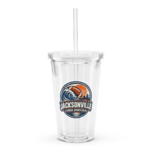 Jacksonville River Football clear tumbler front with original FSB football, wave and skyline artwork