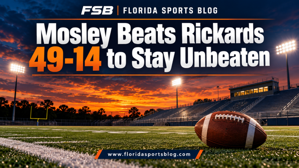 Mosley Beats Rickards 49-14 to Stay Unbeaten — FSB branded conceptual sports illustration with no players.