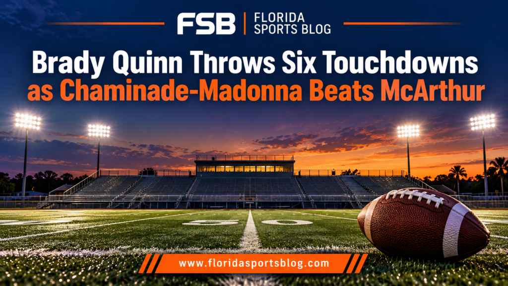 Brady Quinn Throws Six TDs in Chaminade-Madonna Win — FSB branded conceptual sports illustration with no players.