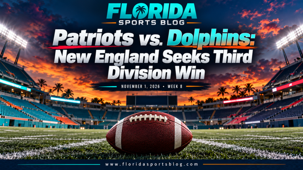 Patriots vs. Dolphins: New England Seeks Third Division Win — Florida Sports Blog football and empty stadium illustration, no players.