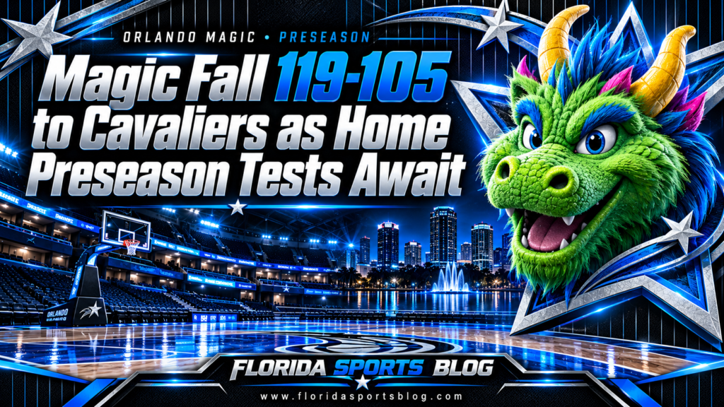 Orlando Magic preseason headline with a green dragon emblem, silver stars, blue-lit empty court and city skyline, branded Florida Sports Blog.