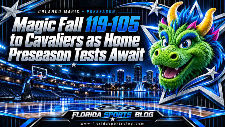 Orlando Magic preseason headline with a green dragon emblem, silver stars, blue-lit empty court and city skyline, branded Florida Sports Blog.