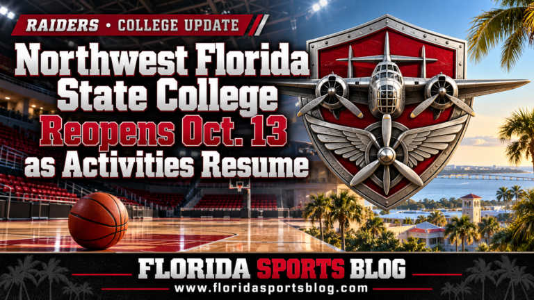 Silver aircraft-inspired Raiders crest over an empty scarlet-and-silver arena and coastal campus, with Northwest Florida State reopening headline and FSB branding.