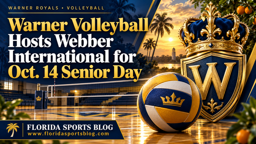 Navy-and-gold Warner Royals crown crest beside a volleyball in an empty arena, with the Oct. 14 Senior Day headline and Florida Sports Blog branding.