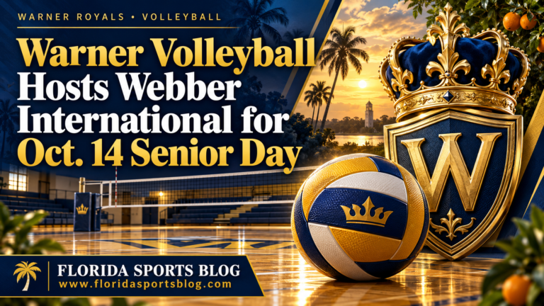 Navy-and-gold Warner Royals crown crest beside a volleyball in an empty arena, with the Oct. 14 Senior Day headline and Florida Sports Blog branding.